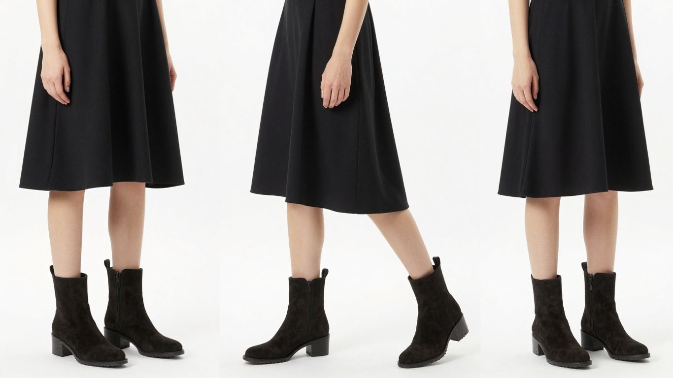 Black A-line dress with suede boots