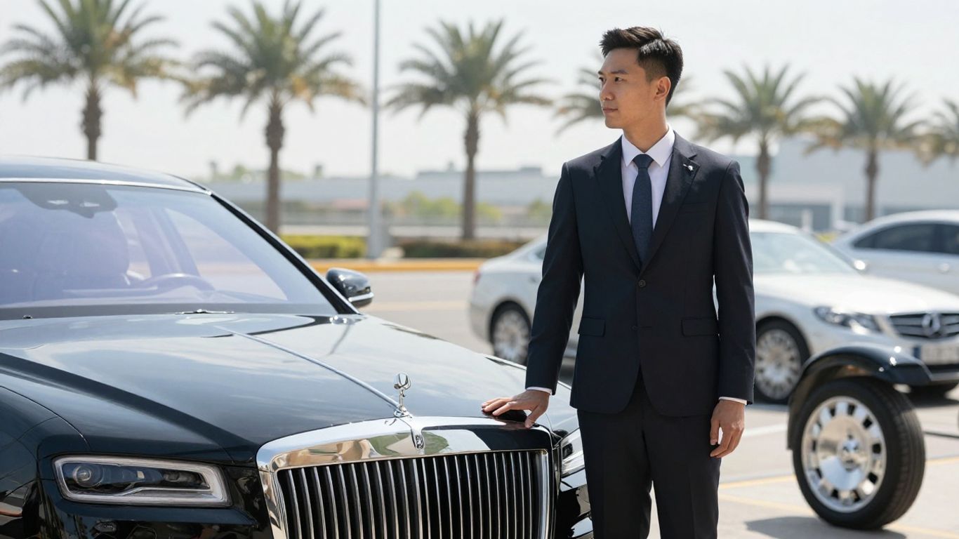 A professional chauffeur waits patiently in a modern luxury black car outside the airport terminal.