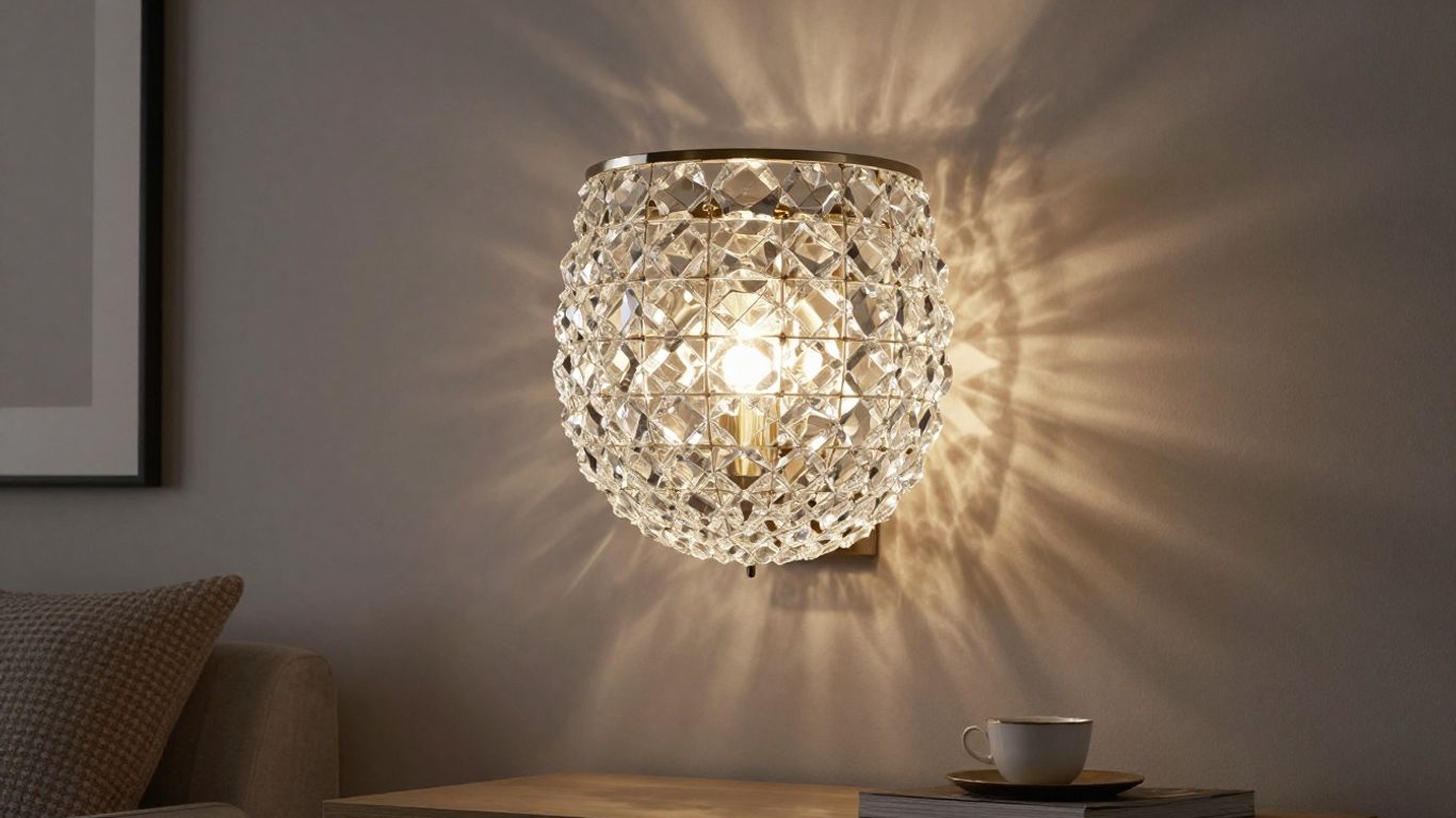 Elegant crystal wall lamp casting warm light in a modern room.