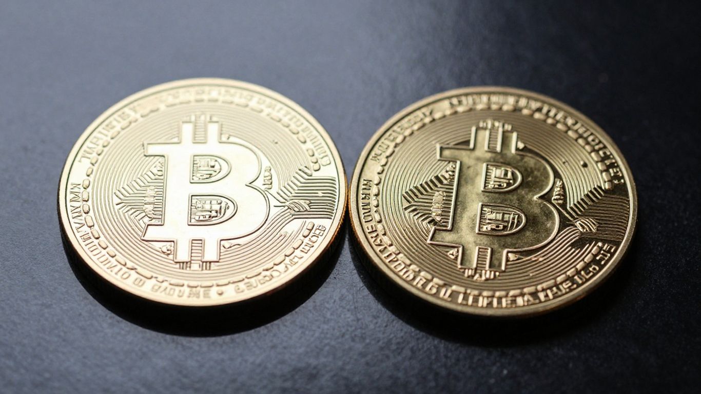 Bitcoin and Ethereum coins side by side, close up.