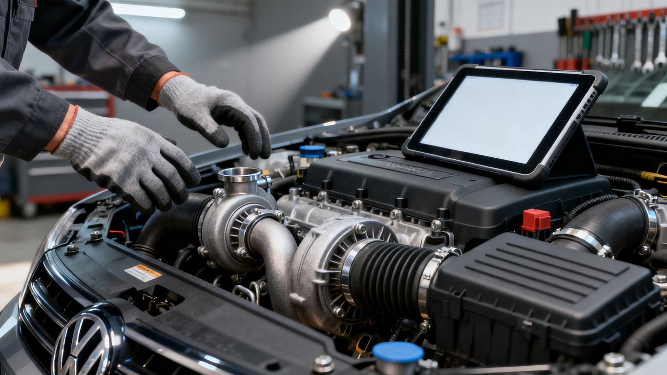 VW 2.0 TDI Motorraum bei der Prüfung