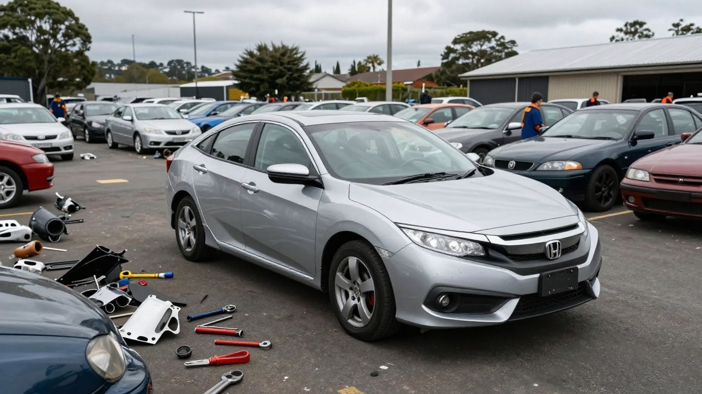 Mechanics dismantling Honda Civic at Newcastle scrapyard