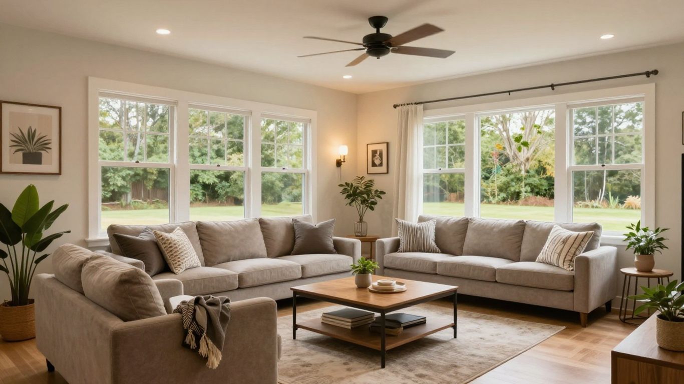 Modern remodeled basement living area with cozy furniture