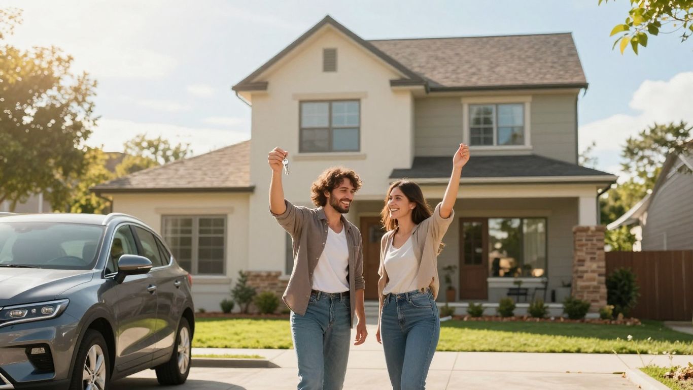 Couple holding keys in front of a new house.