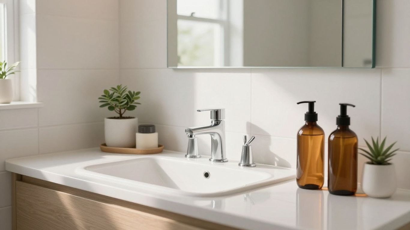Staged Airbnb bathroom interior with modern decor and lighting.