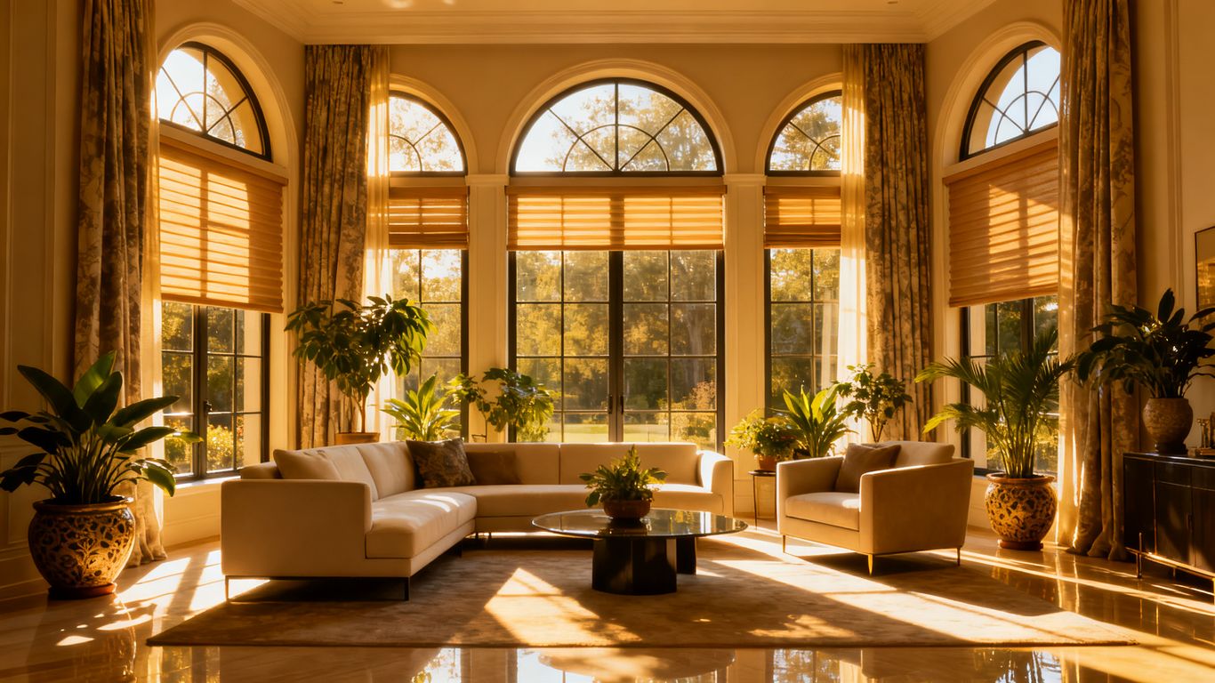 Elegant arched windows with stylish coverings in bright room