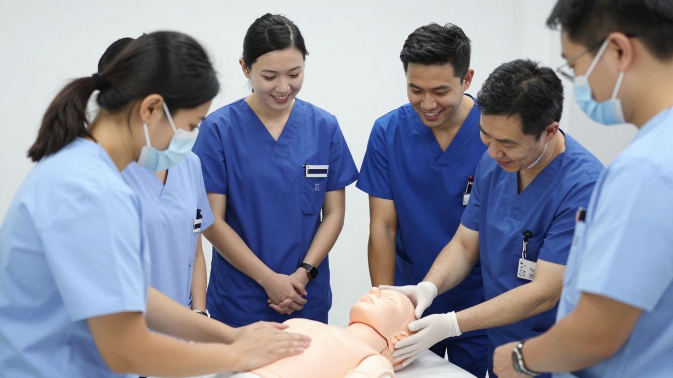 Students in scrubs learning CNA skills