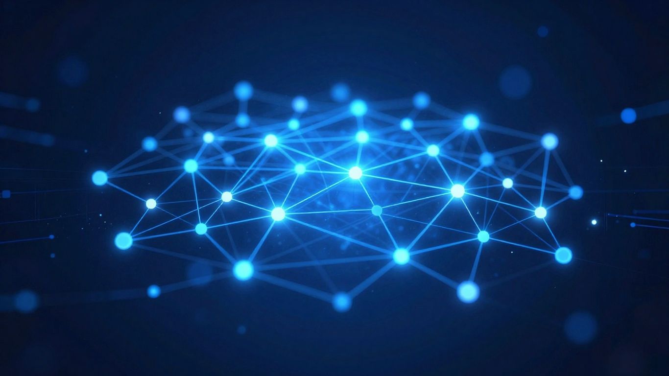 Abstract digital network with interconnected nodes and glowing lines.