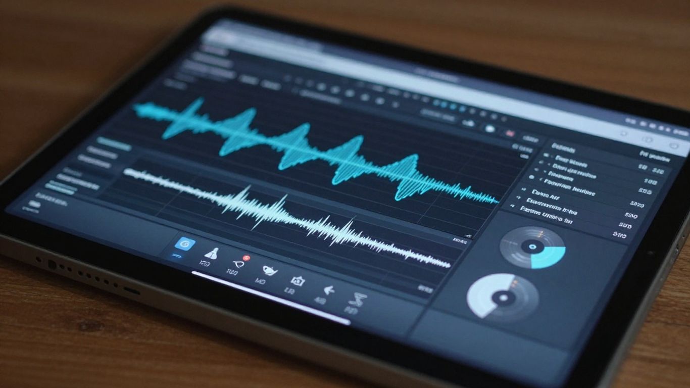A digital tablet displaying a professional music editing workspace