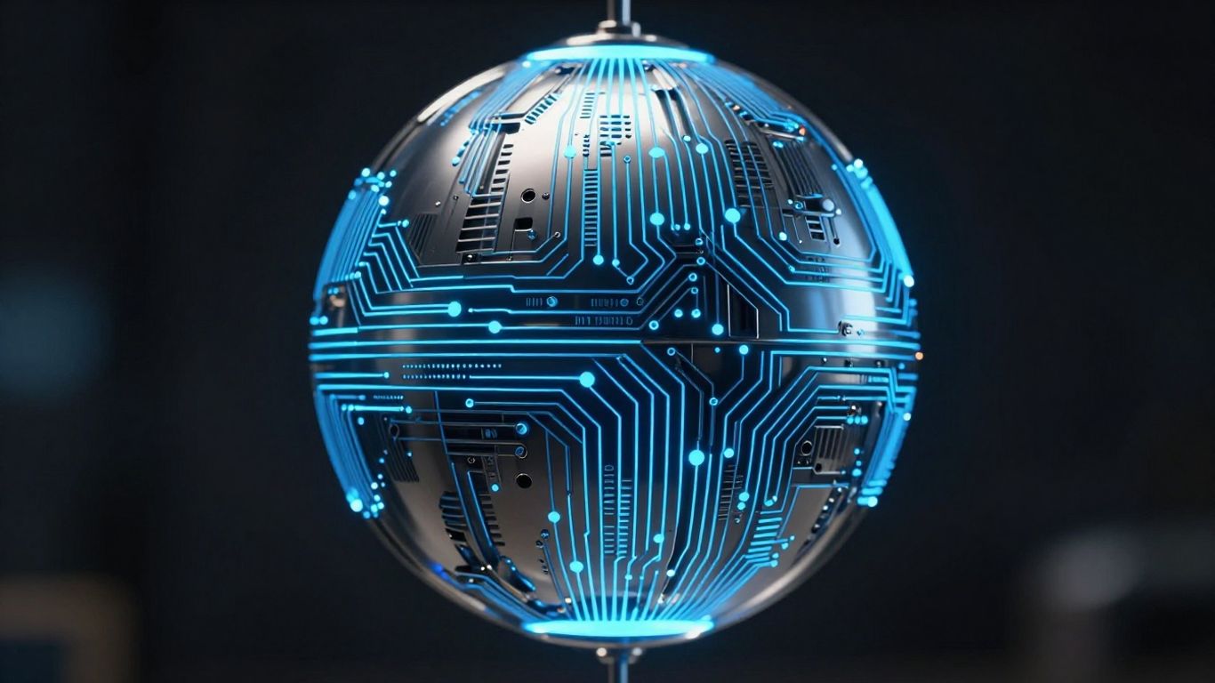 Futuristic metallic sphere with glowing blue circuitry patterns.