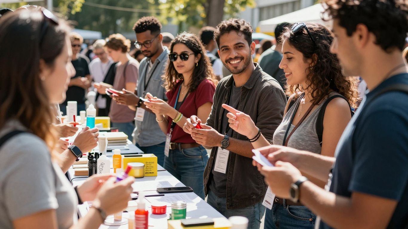 Personas promocionando productos específicos en un evento.