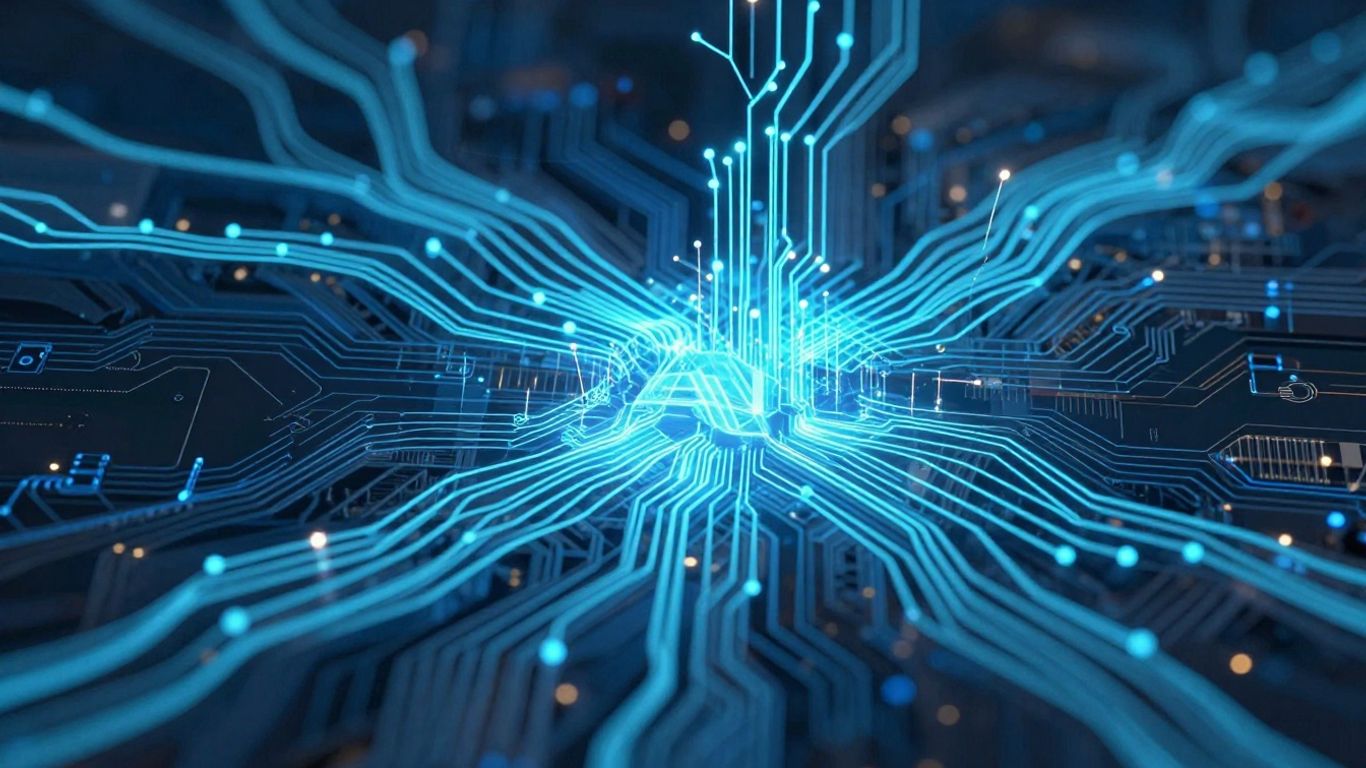 Abstract glowing data streams within AI systems.