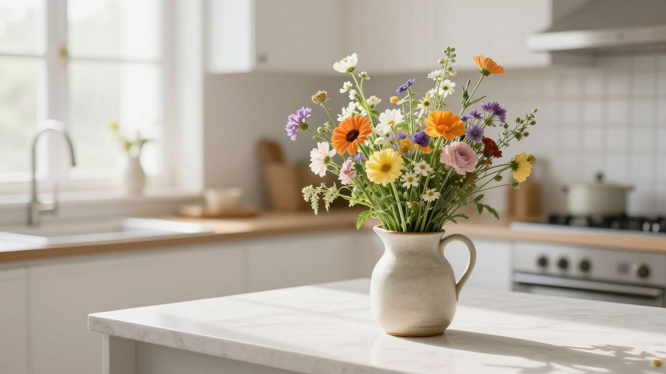 Colorful seasonal flowers in a kitchen