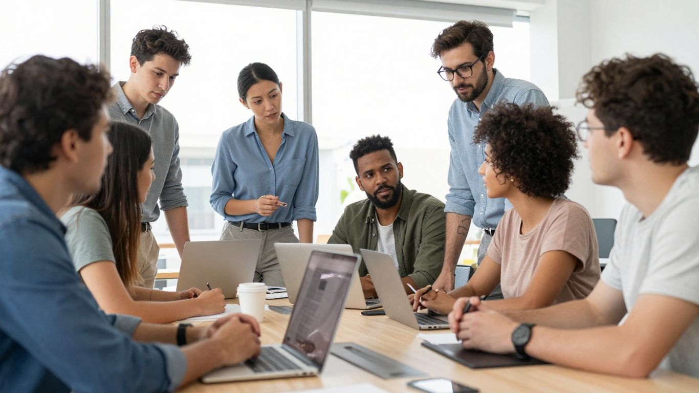 Colleagues collaborating across a bright office