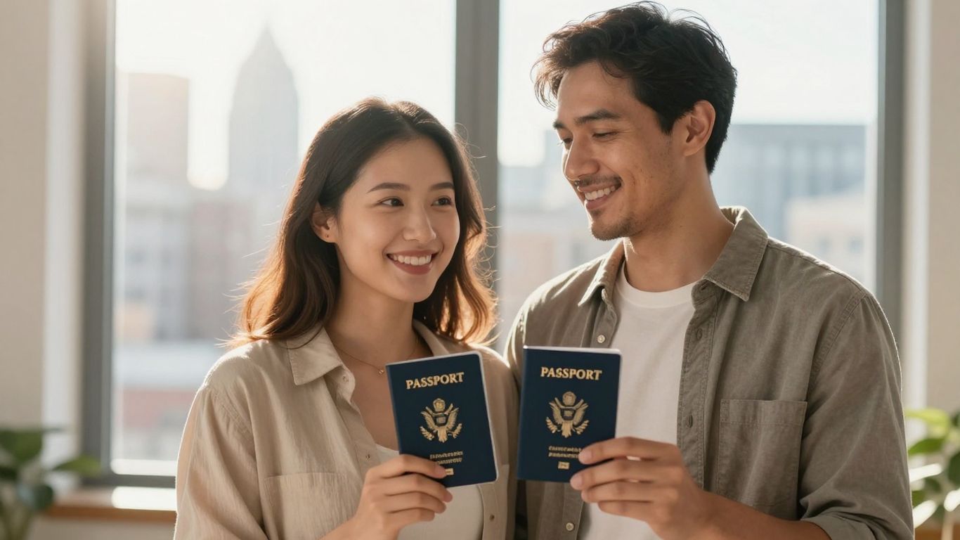 Pareja con pasaportes, mirando hacia el futuro.