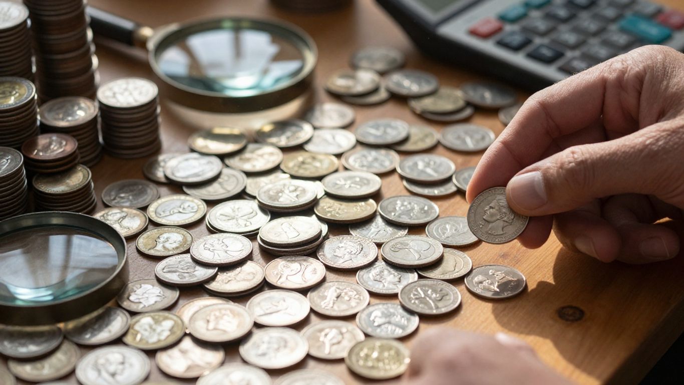 Coin dealer's desk with coins, magnifying glass, and calculator.