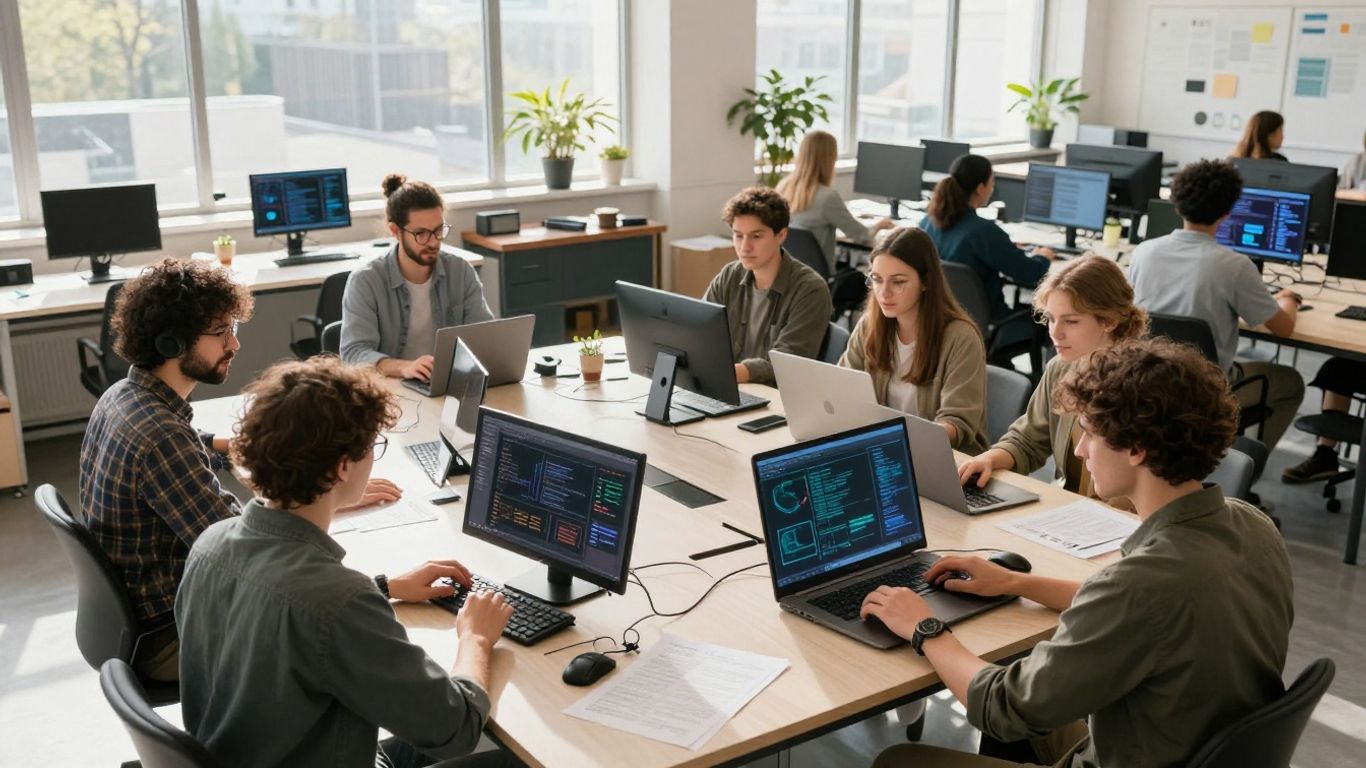 Digital marketing competitions. People collaborating in a modern workshop with digital interfaces.