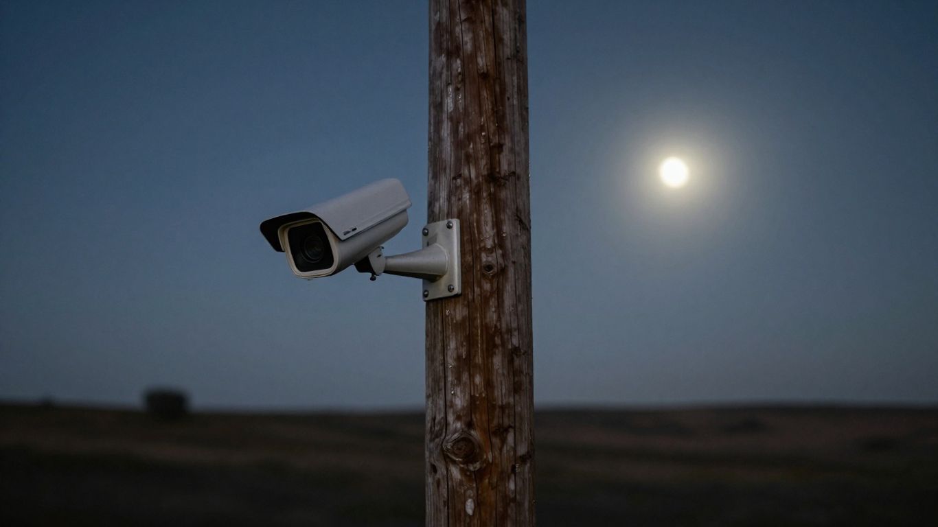 Solar-powered security camera in a remote, moonlit landscape.