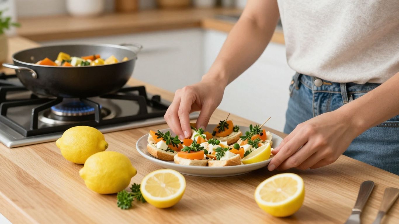 Smiling host arranging appetizers in a bright kitchen.