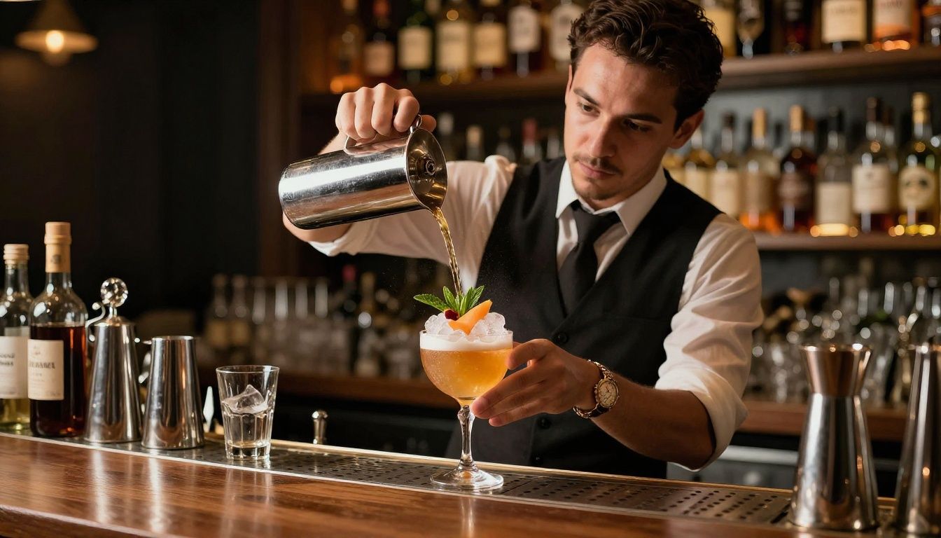 Imagem de um bartender preparando um drink profissional com coqueteleira, frutas cítricas, gelo e utensílios de bar em um ambiente elegante