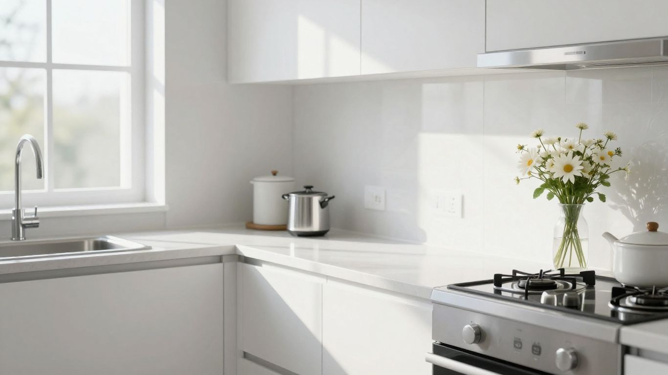 Spotless kitchen with gleaming surfaces and sunlight.