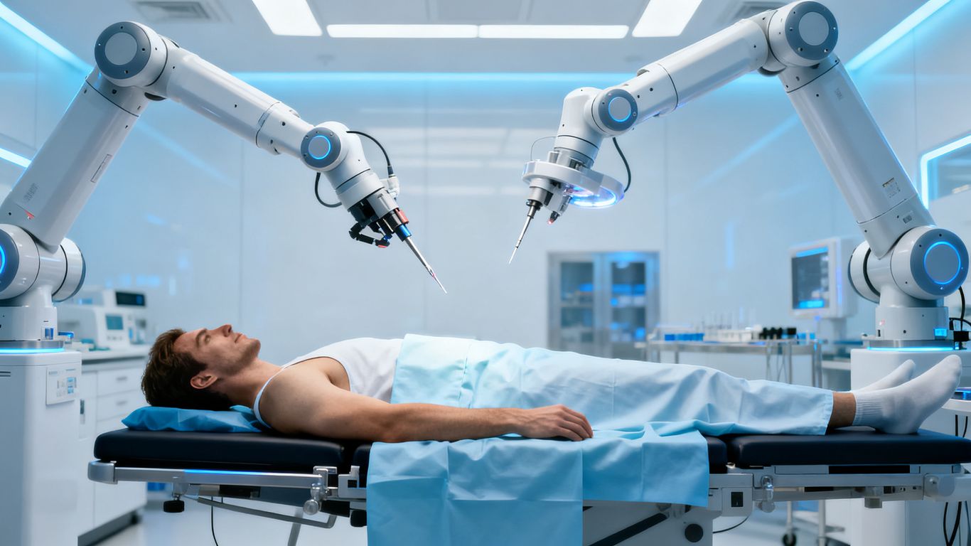 Robotic surgical arms in an operating theatre.