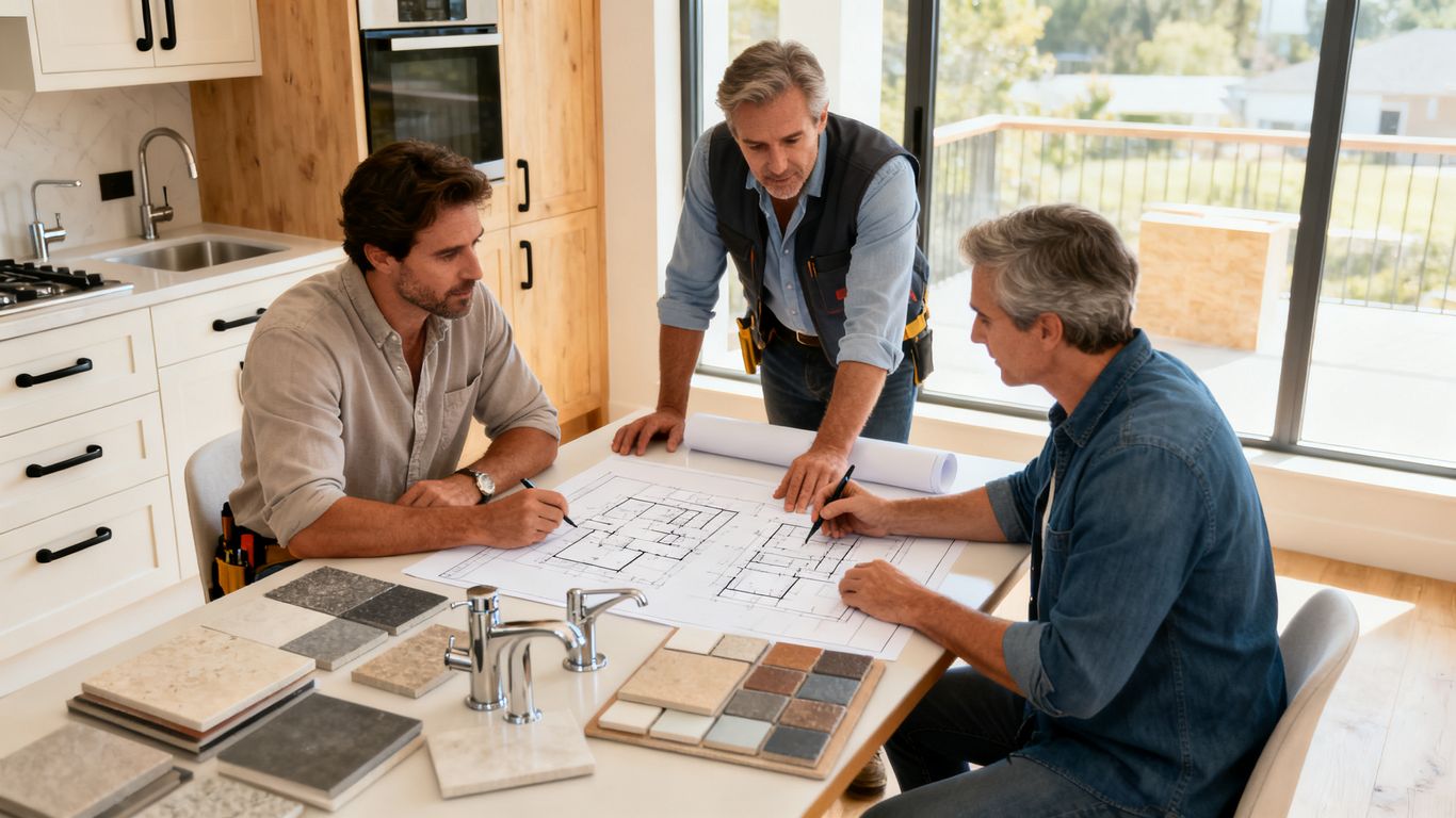 Renovation team reviewing plans in finished home