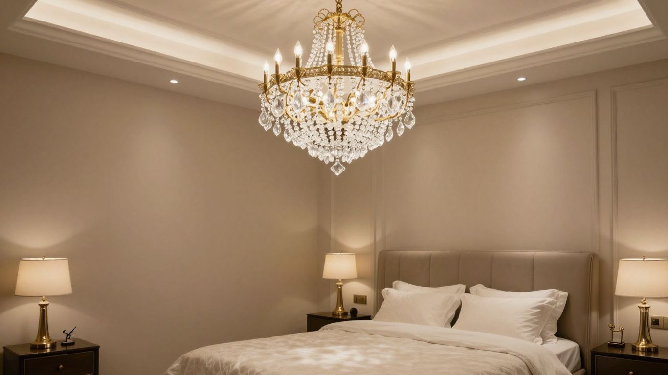 Elegant bedroom with a sparkling crystal chandelier.