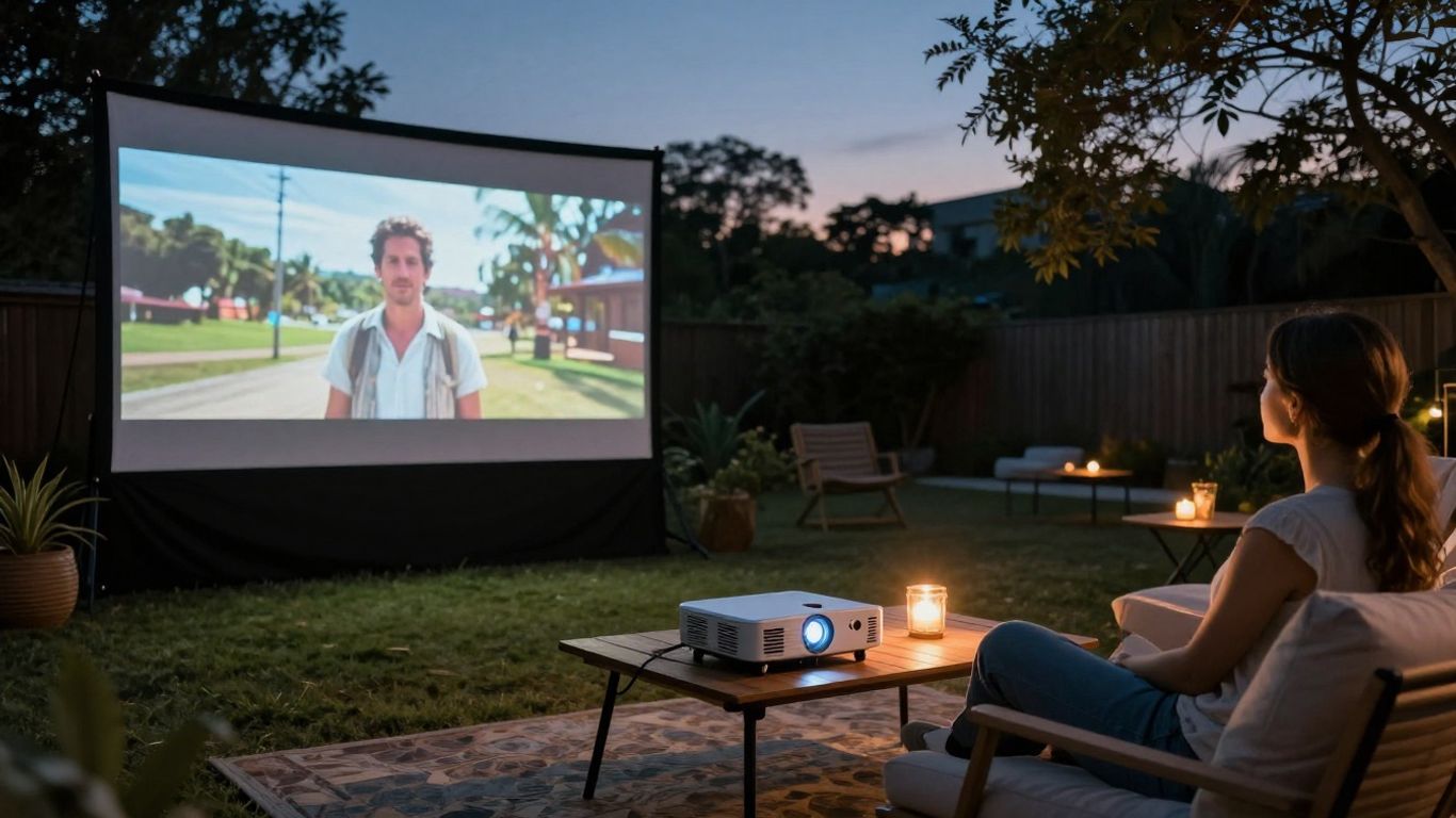 Projector screen for outdoor movie night at Airbnb