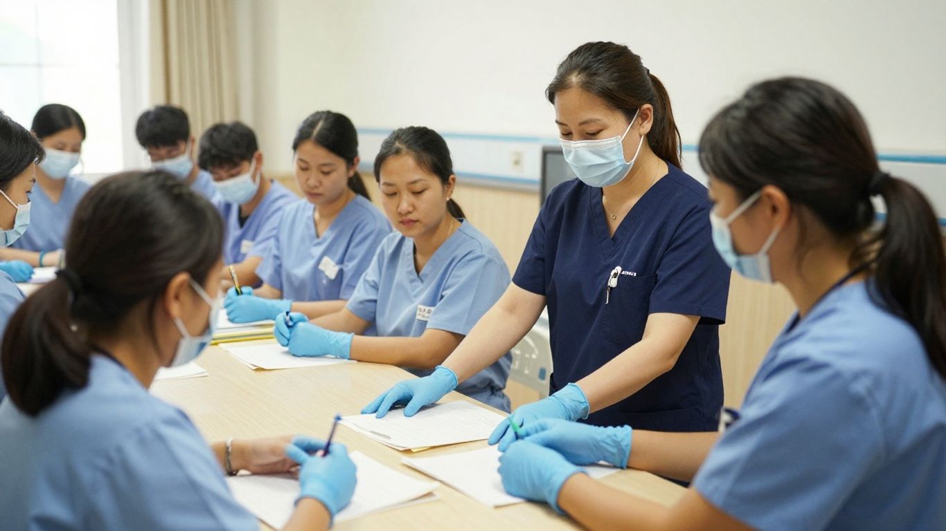 CNA instructor guiding students during clinical practice