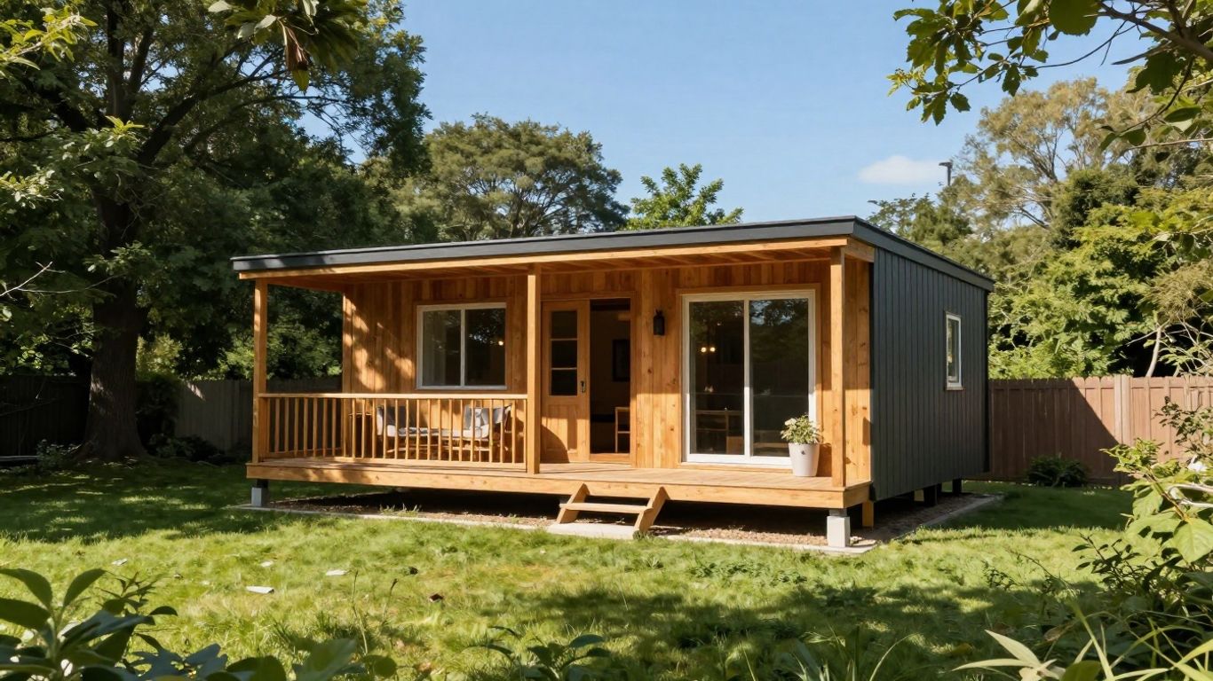 Tiny home in a sunny, green yard.