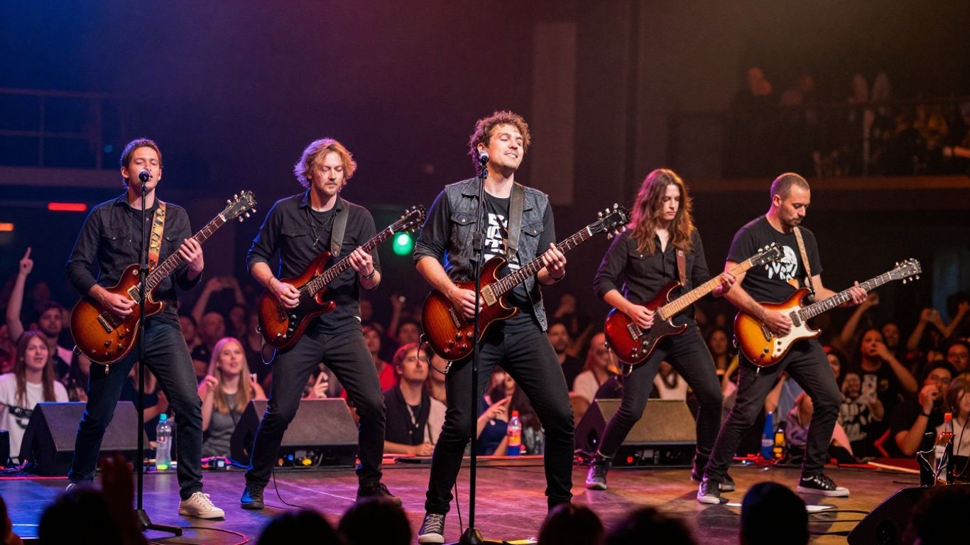 Musicians performing live on a brightly lit stage.