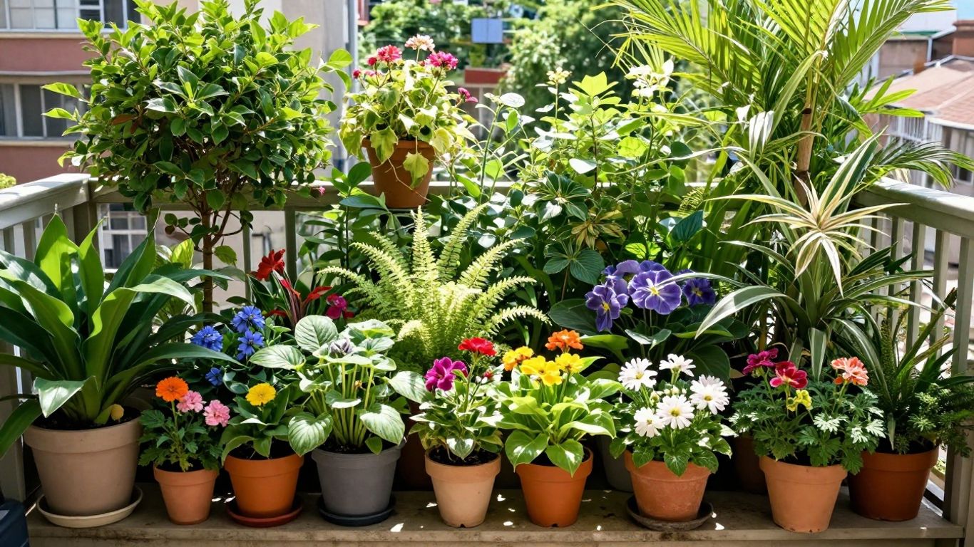 Balkon mit vielen Pflanzen und Blumen
