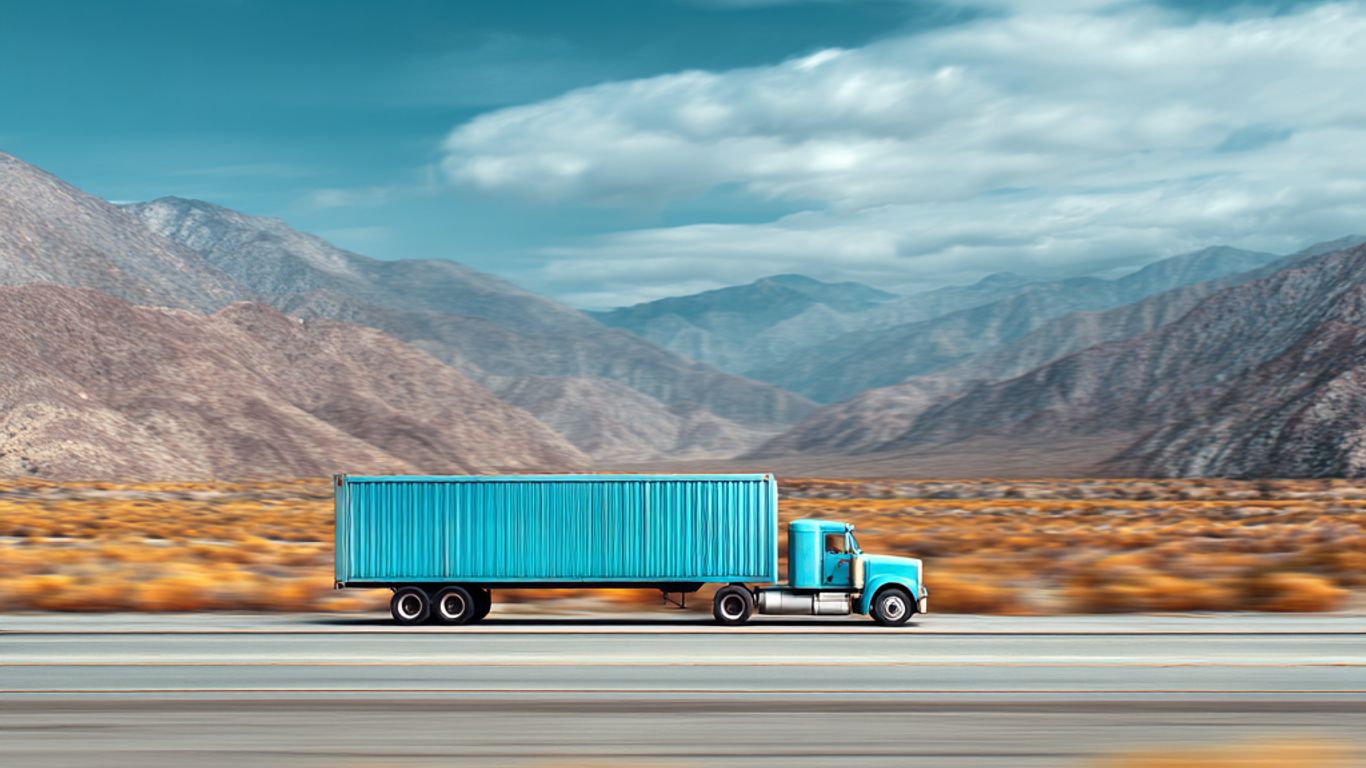 A blue semi-truck drives down a highway in a desert landscape.