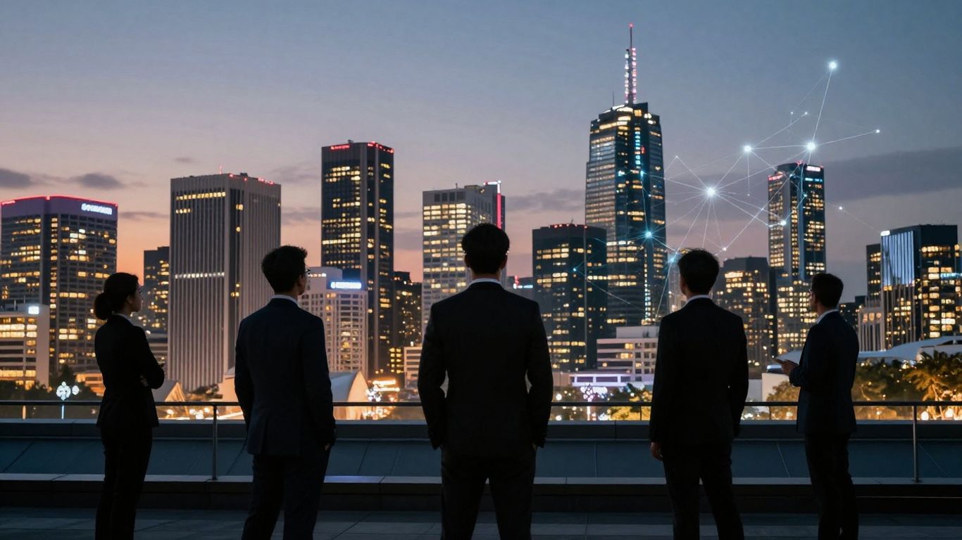 Australian agents overlooking AI-enhanced city skyline.