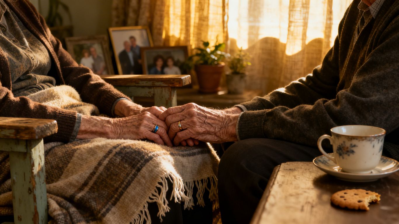 Elderly couple sharing a moment of quiet resilience.