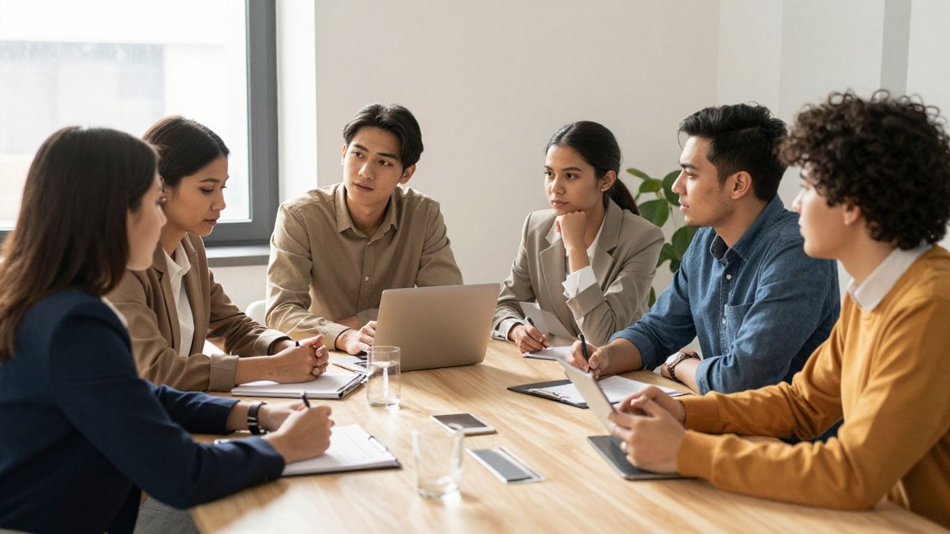 Interns collaborating in a bright, modern office setting.