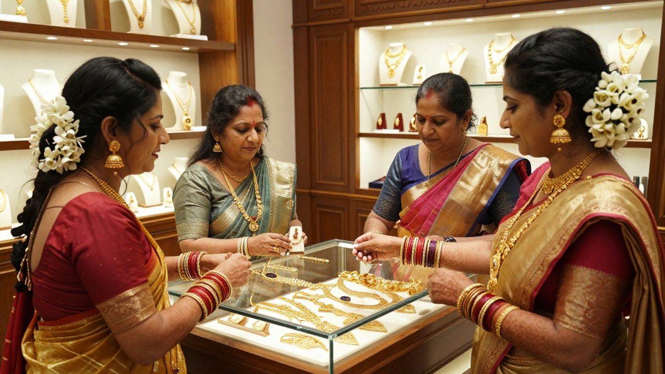 Bride comparing jewellery in Bangalore showroom