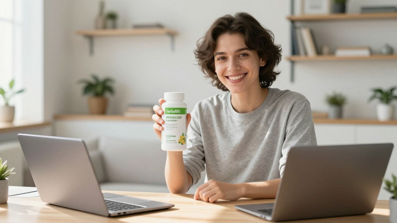 Person selling Herbalife products online from home.