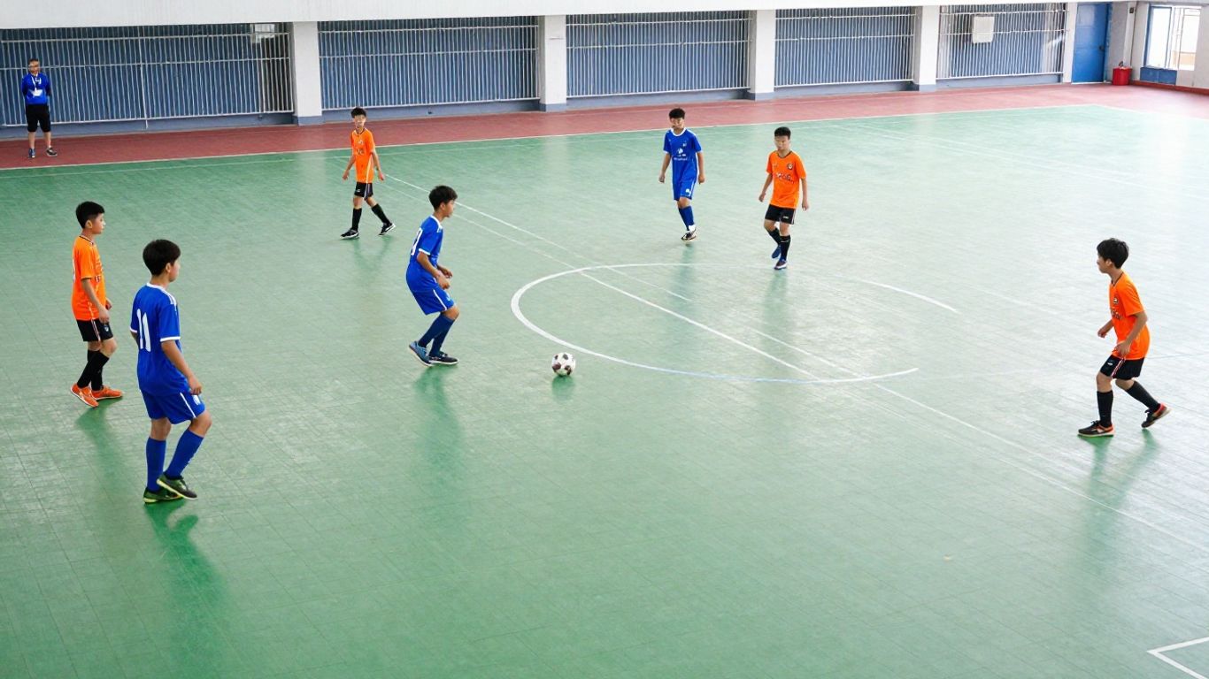 Young players competing on futsal court