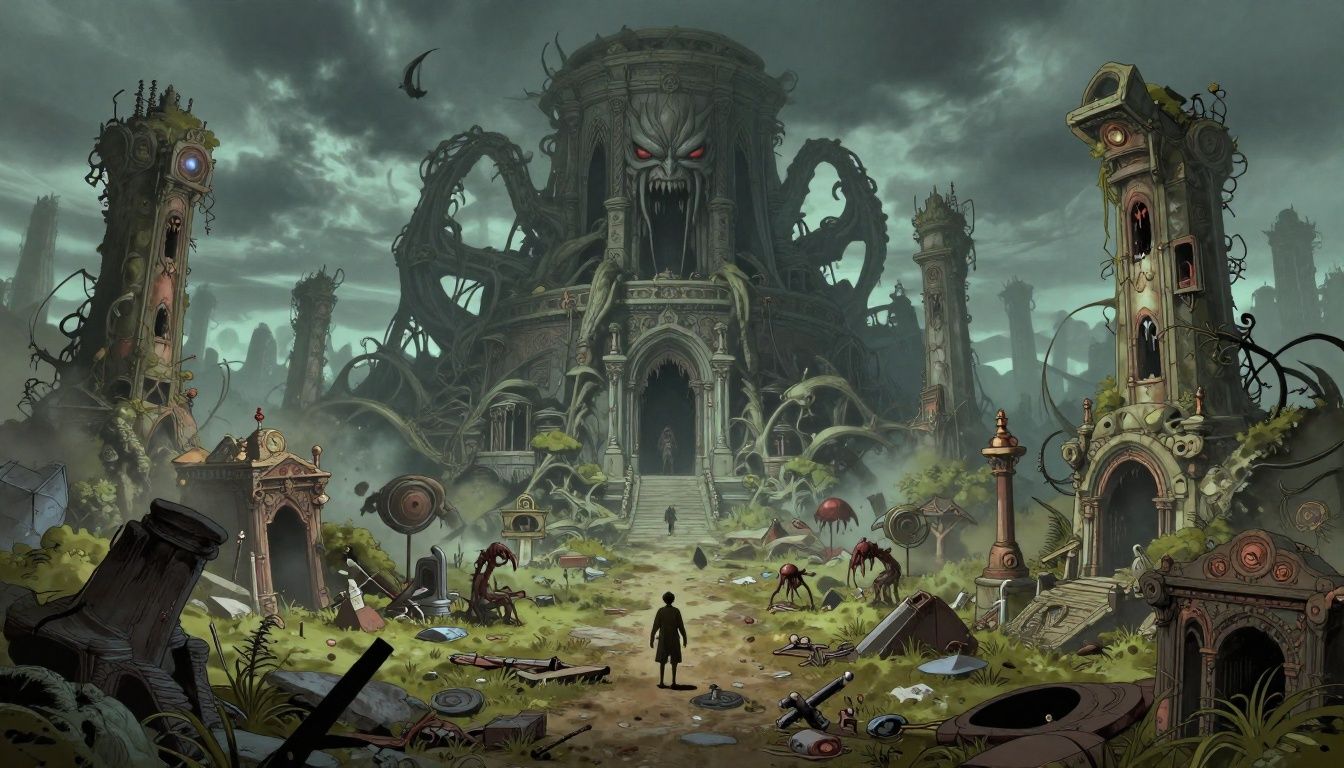 The Mound: Omen of Cthulhu em uma paisagem subterrânea sombria, com ruínas antigas, névoa e uma presença monstruosa inspirada no horror cósmico
