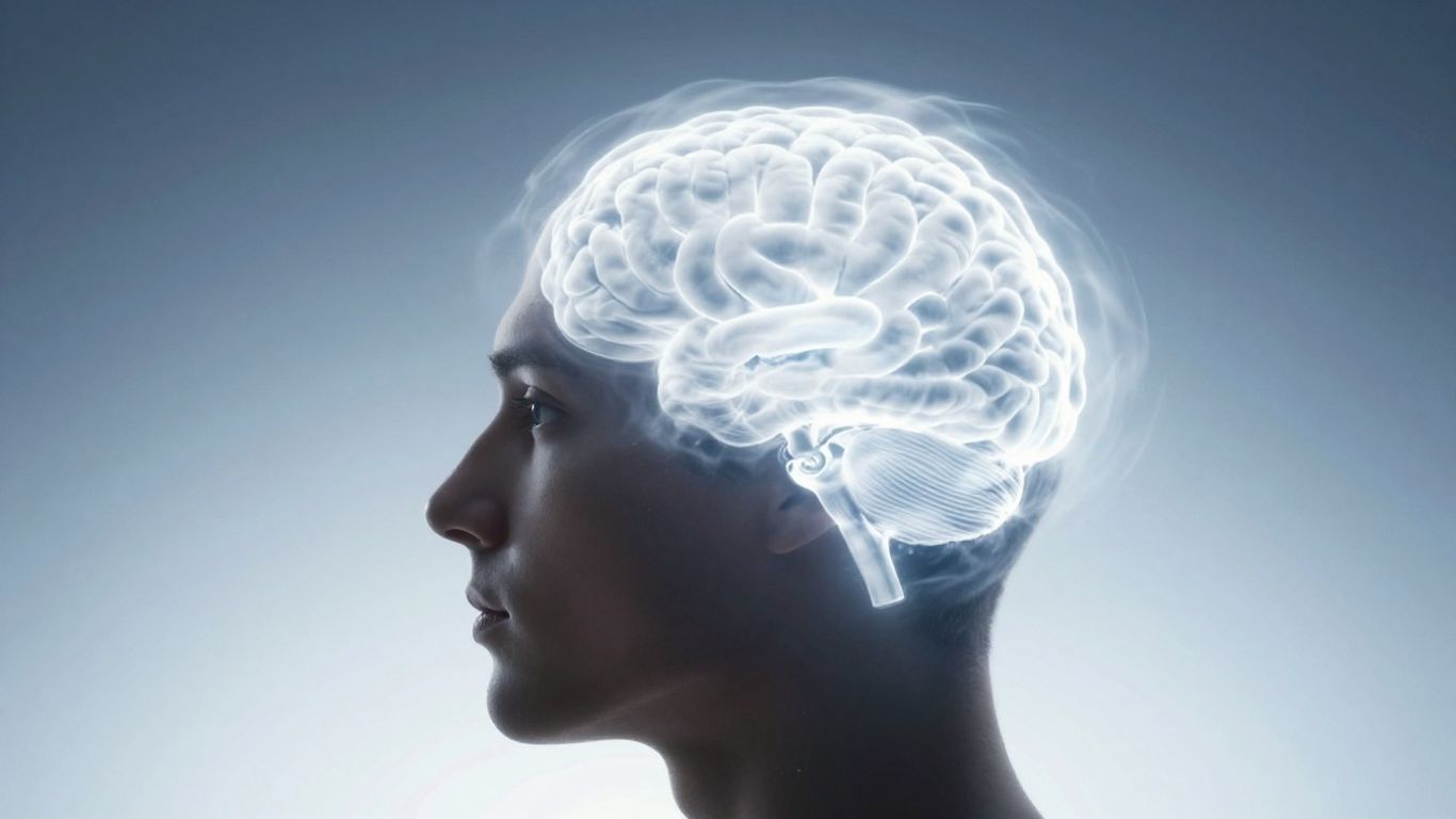 Person's head with clear, bright light illuminating the brain.
