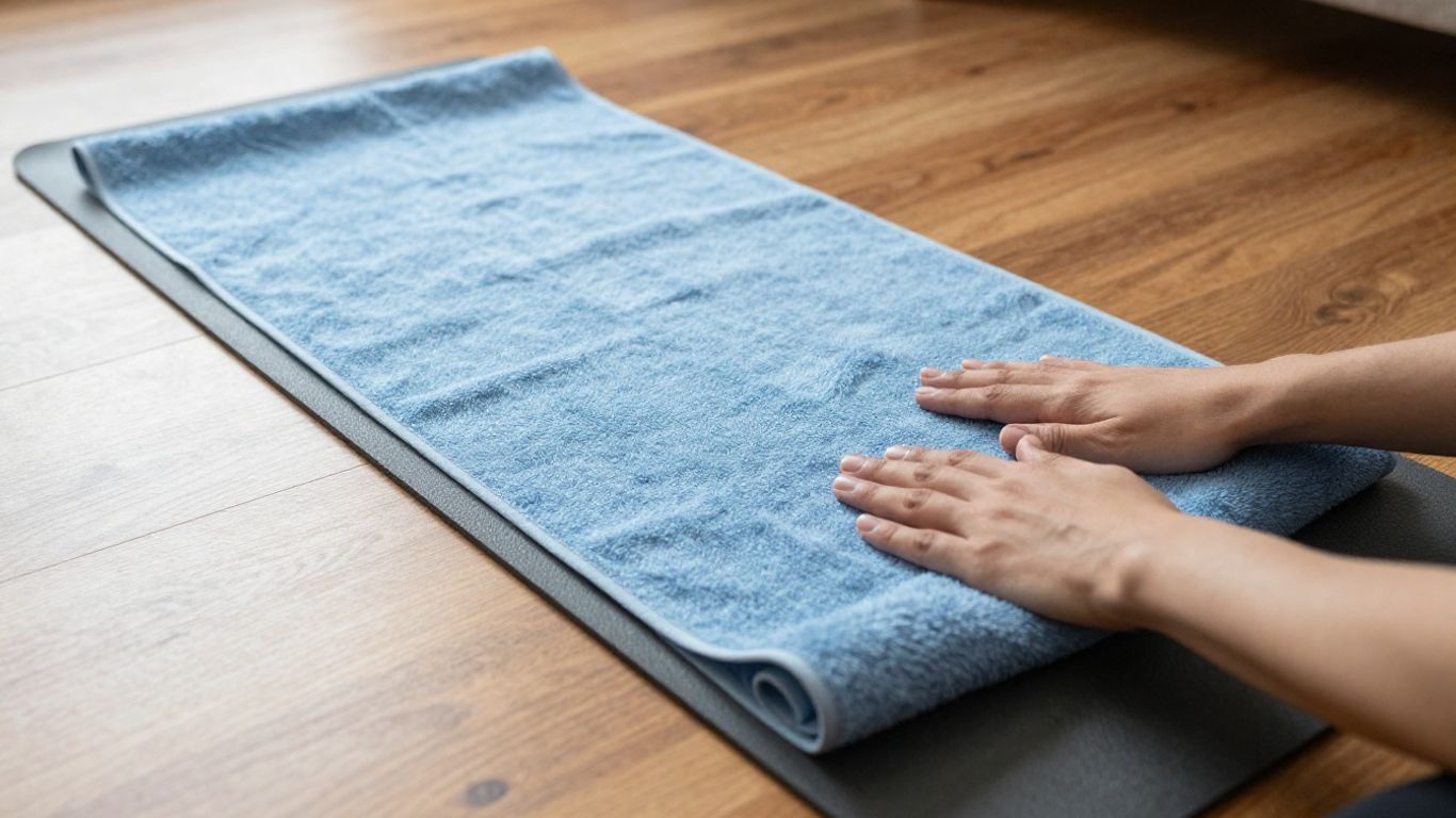 Hands smoothing a yoga towel on a dry mat