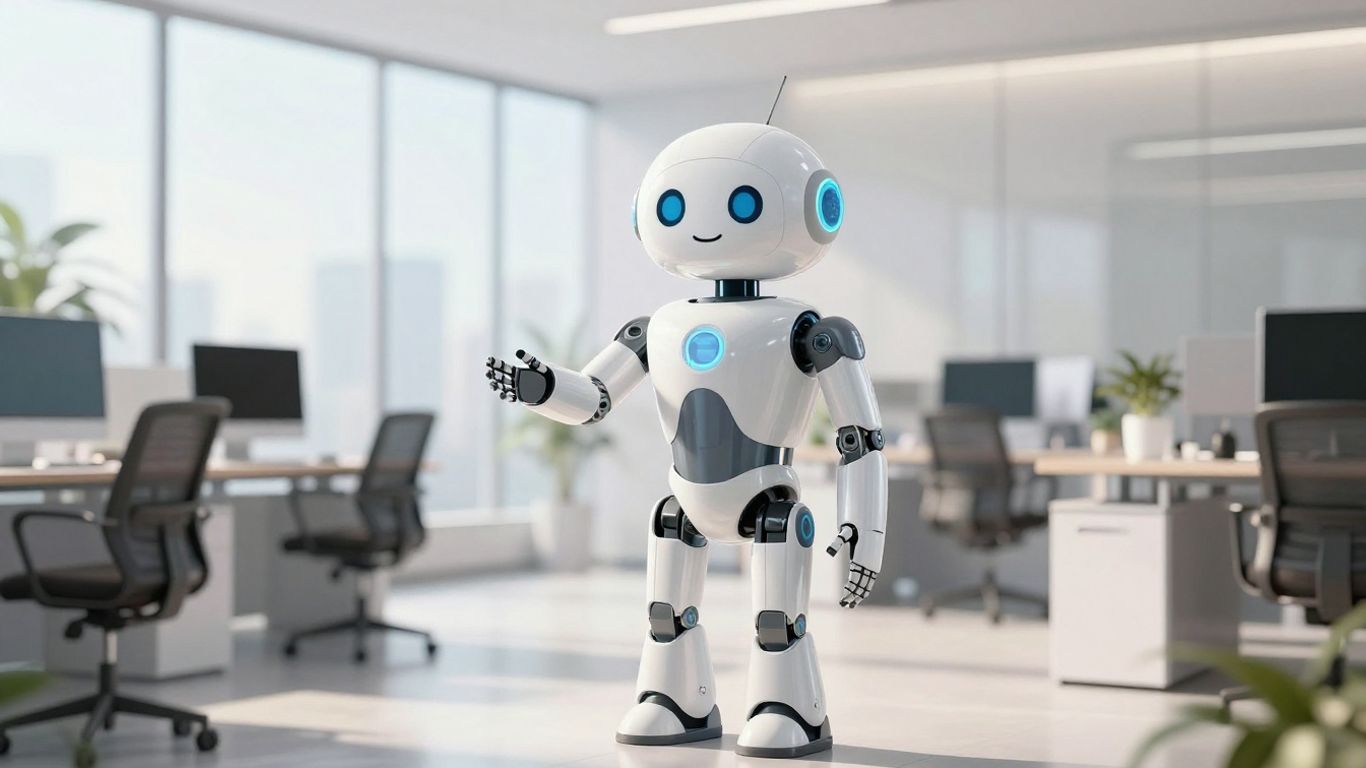 AI receptionist in a modern office lobby.