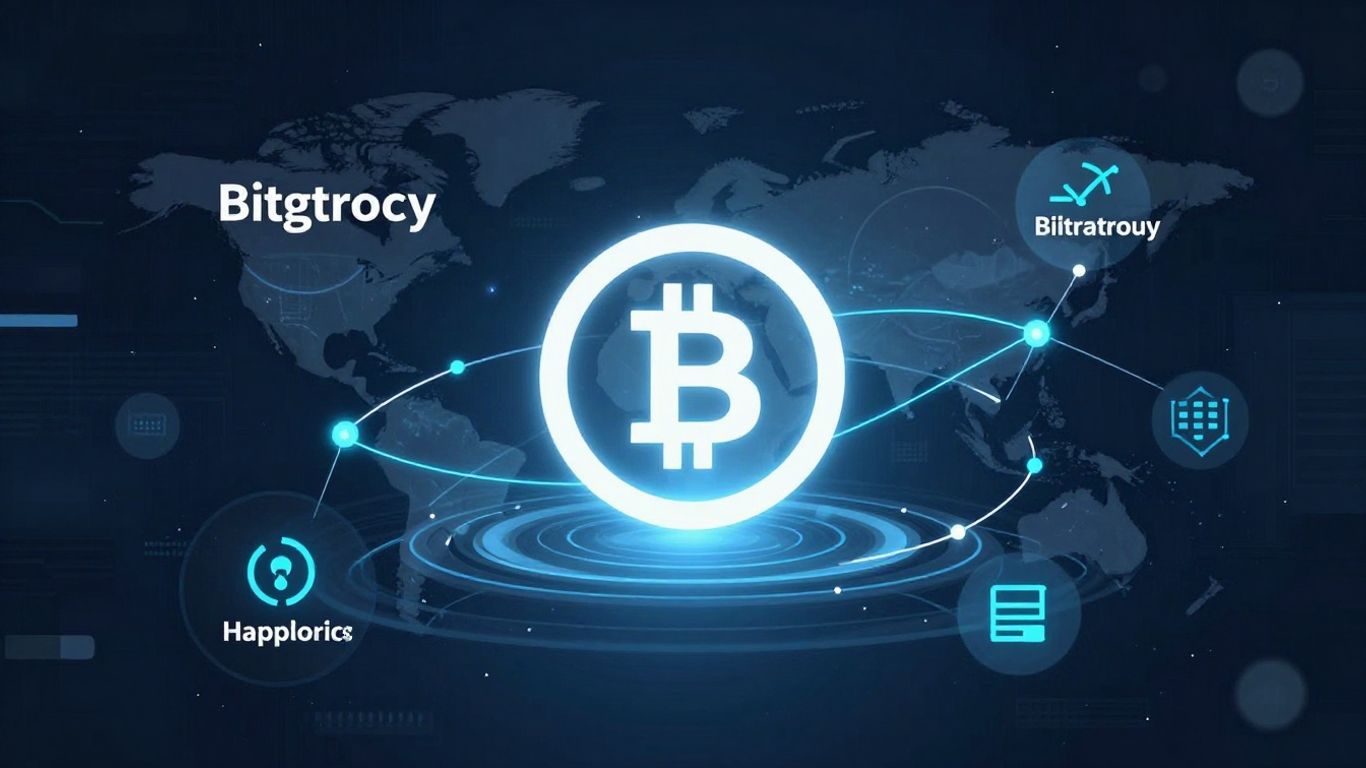 Modern crypto infographic with glowing connections and coin icon.
