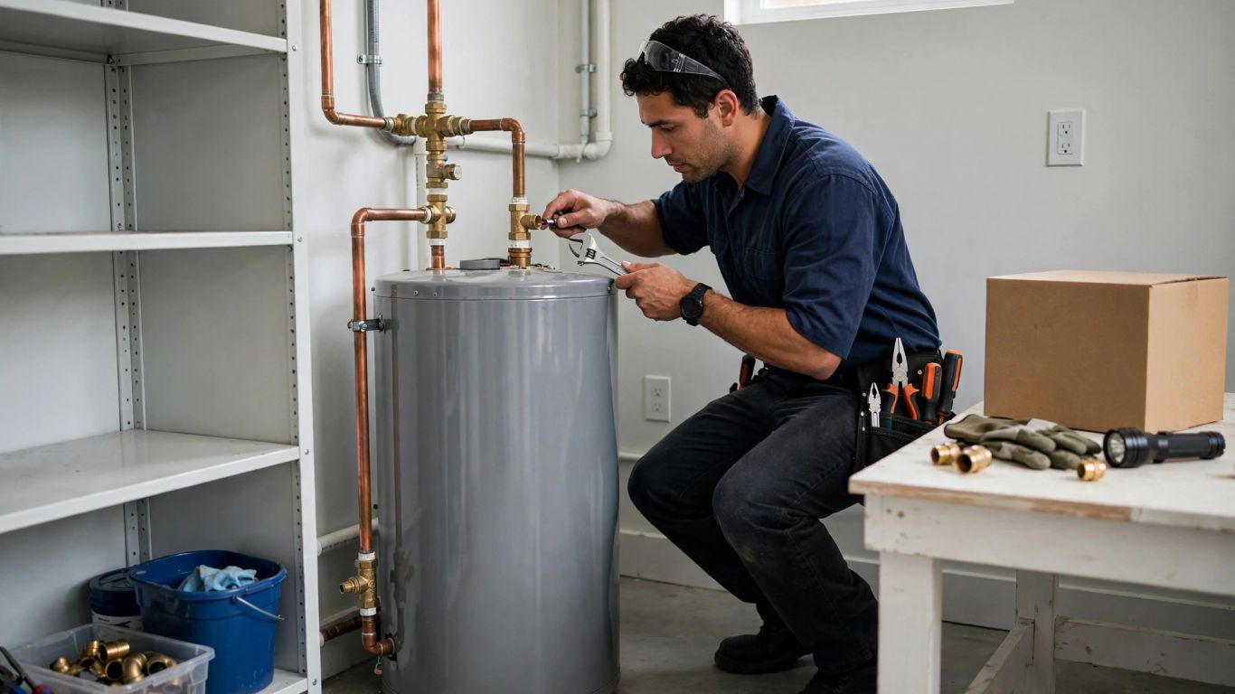 Plumbing technician examining a water heater in a home