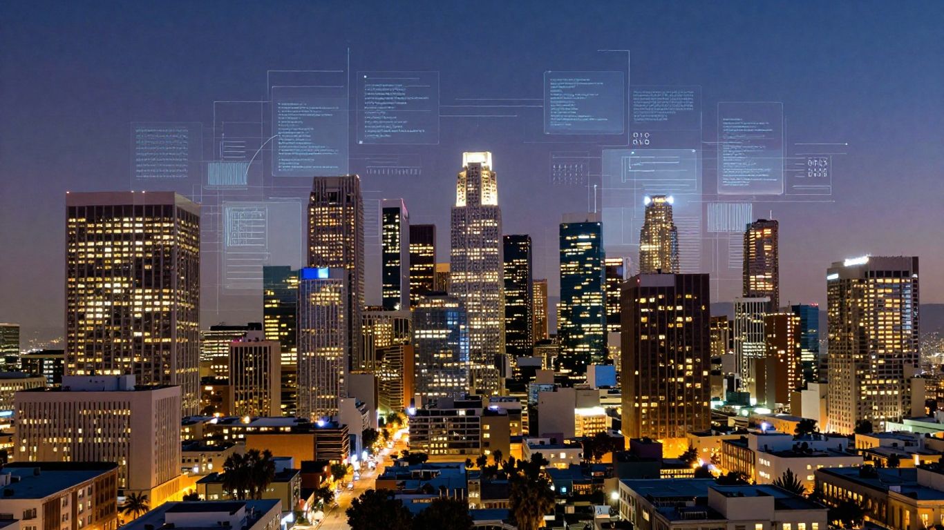 Los Angeles cityscape with digital interface overlay.
