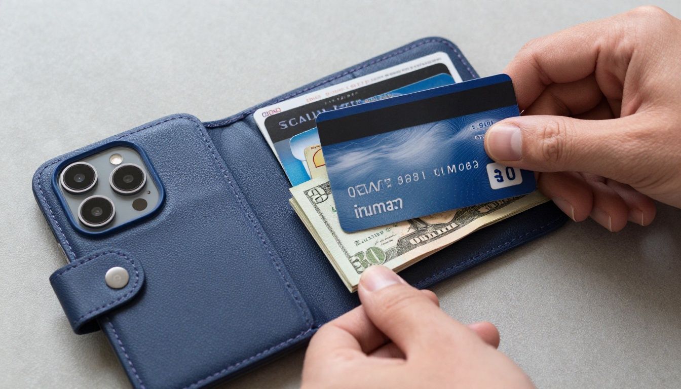 A close-up, top-down view of a person neatly organising their credit card, driver's licence, and a folded twenty-dollar bill into a dark blue folio-style iPhone 15 Pro wallet case.