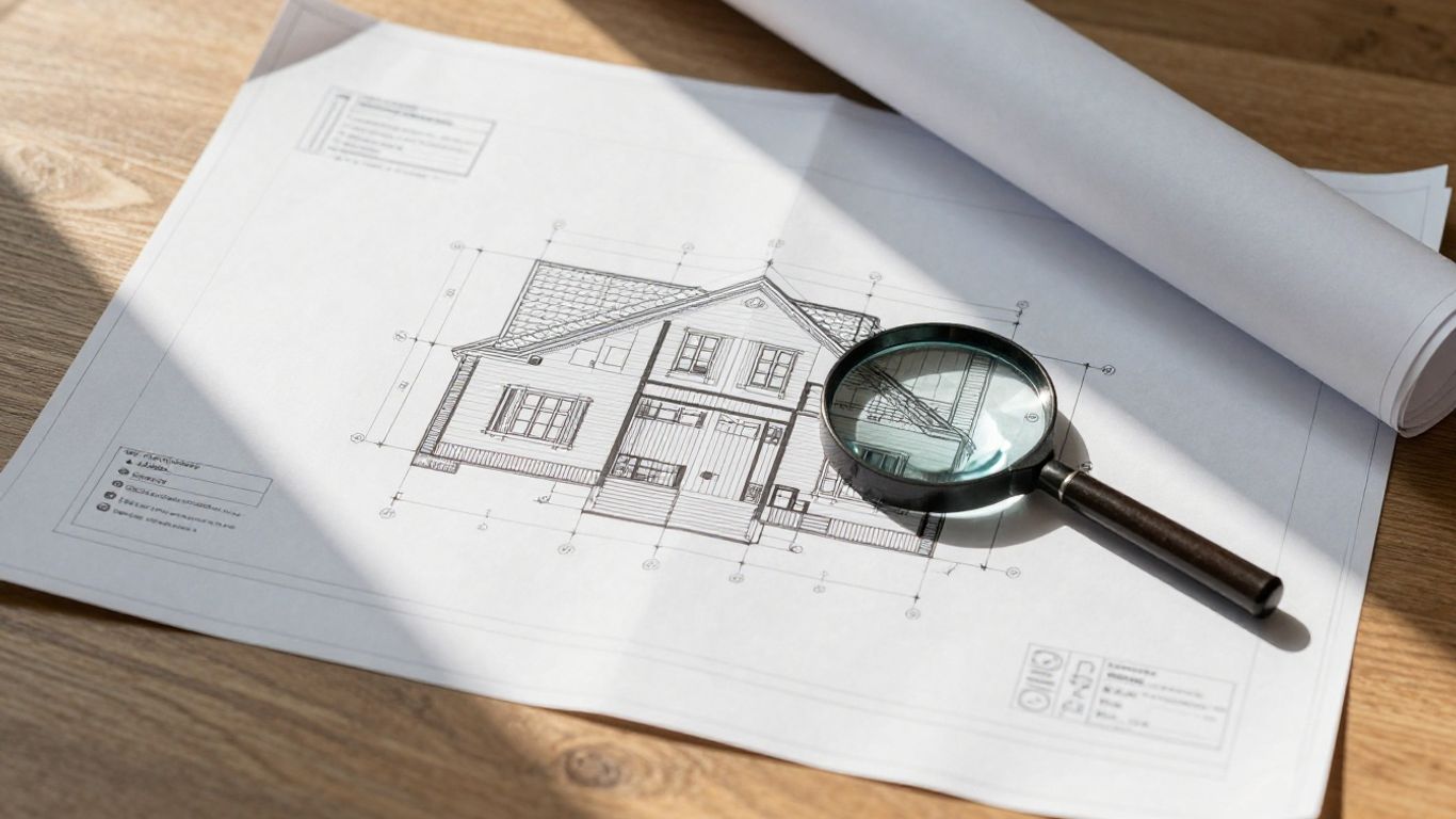 Homeowner reviewing house plans with magnifying glass.