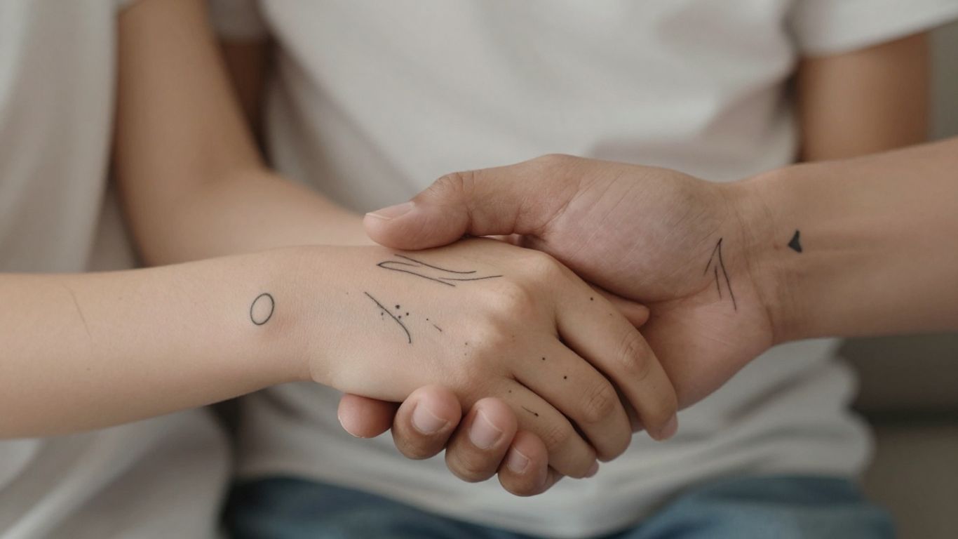 Familie handen met symbolische tatoeages, verbondenheid.